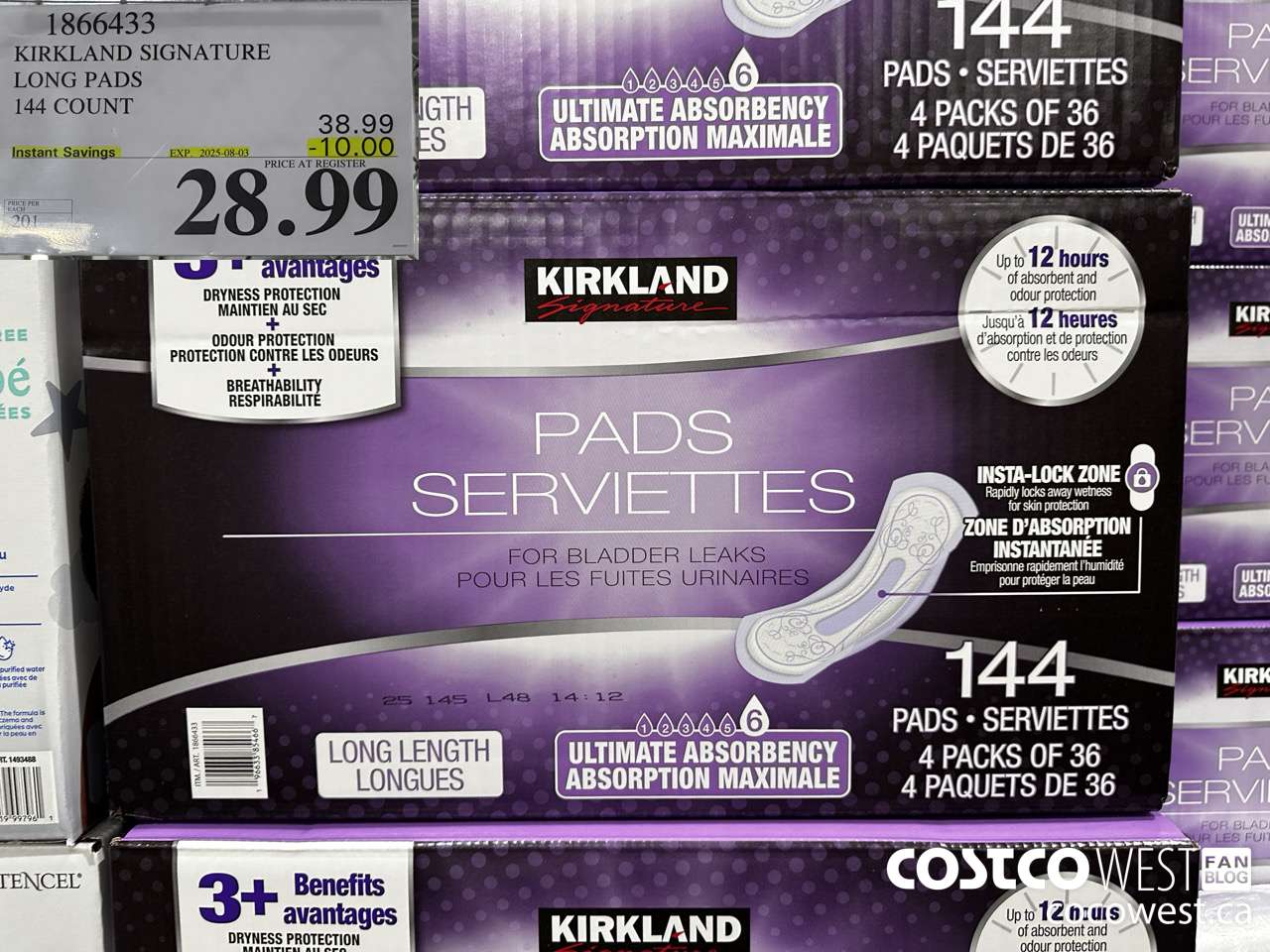 1866433 KIRKLAND SIGNATURE LONG PADS 144 COUNT ($10.00 INSTANT SAVINGS EXPIRES ON 2025-08-03) $28.99