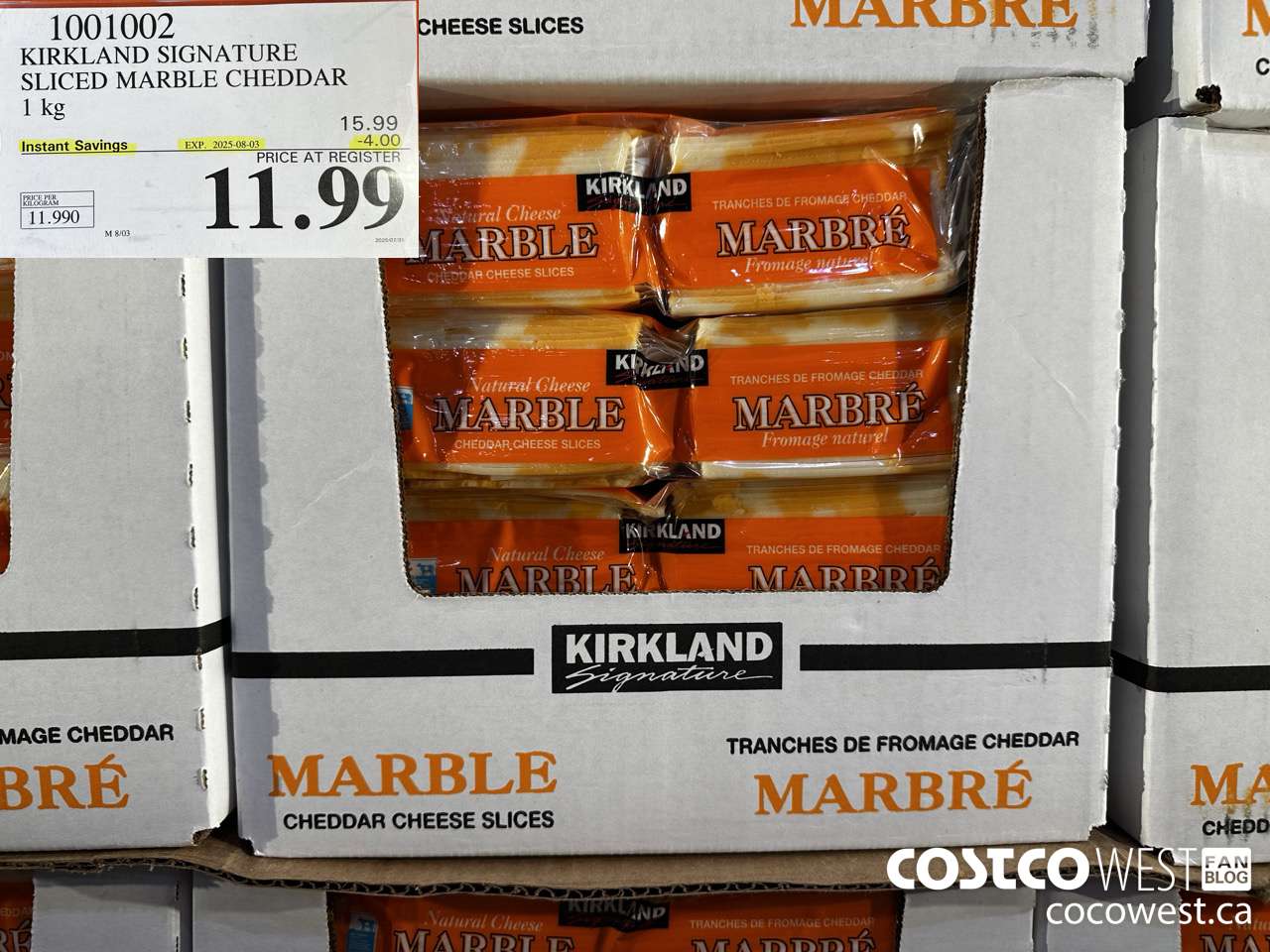 1001002 KIRKLAND SIGNATURE MARBLE CHEDDAR SLICES 1KG ($4.00 INSTANT SAVINGS EXPIRES ON 2025-08-03) $11.99