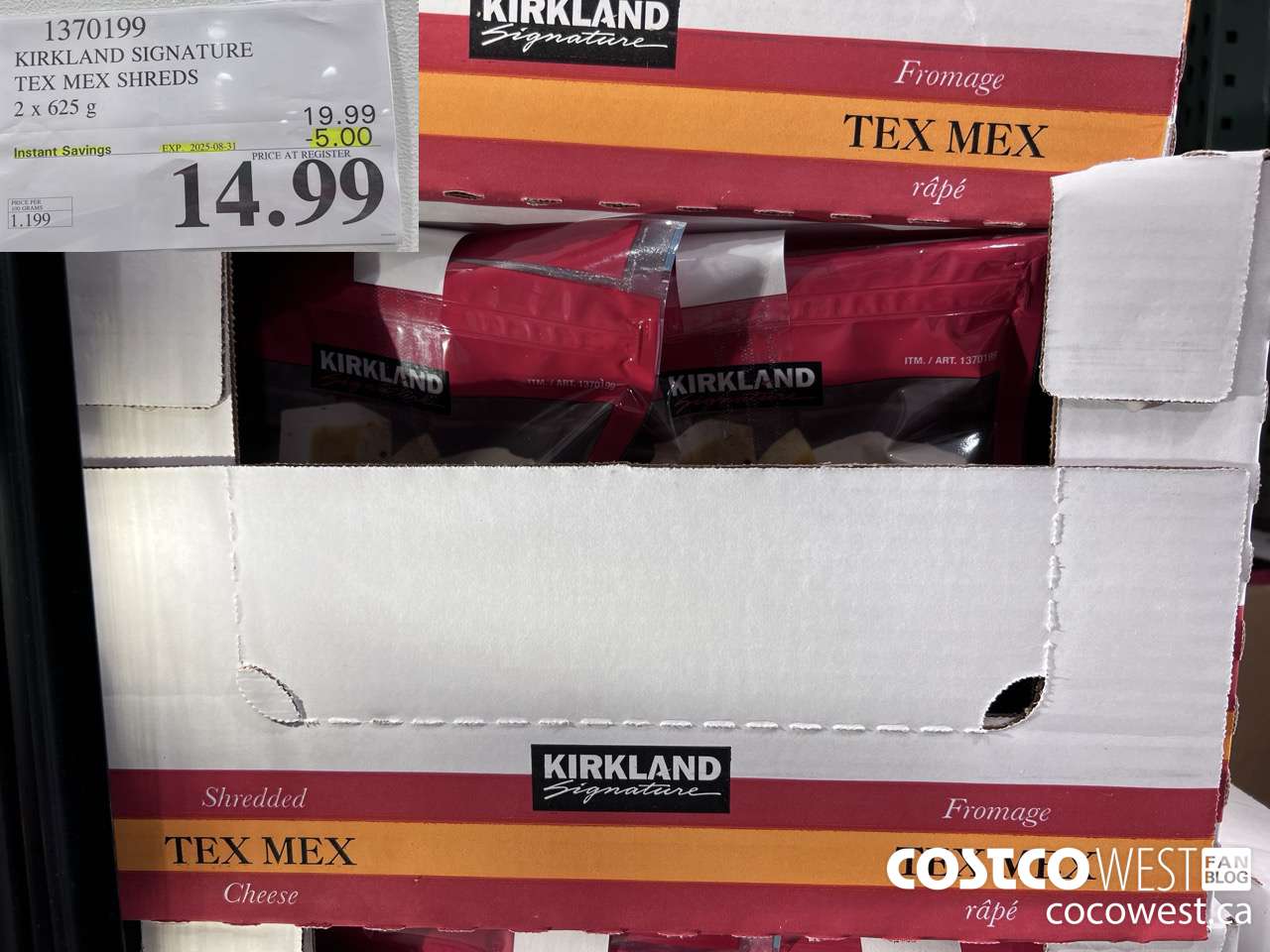 1370199 KIRKLAND SIGNATURE TEX MEX SHRED 2 x 625 g ($5.00 INSTANT SAVINGS EXPIRES ON 2025-08-31) $14.99