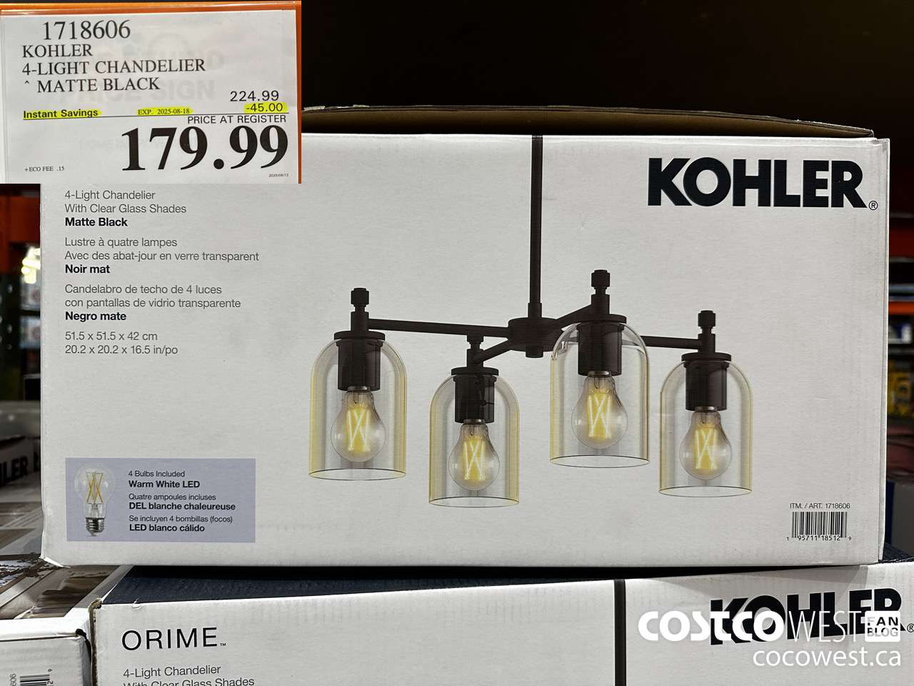 1718606 KOHLER 4-LIGHT CHANDELIER MATTE BLACK ($45.00 INSTANT SAVINGS EXPIRES ON 2025-08-18) $179.99