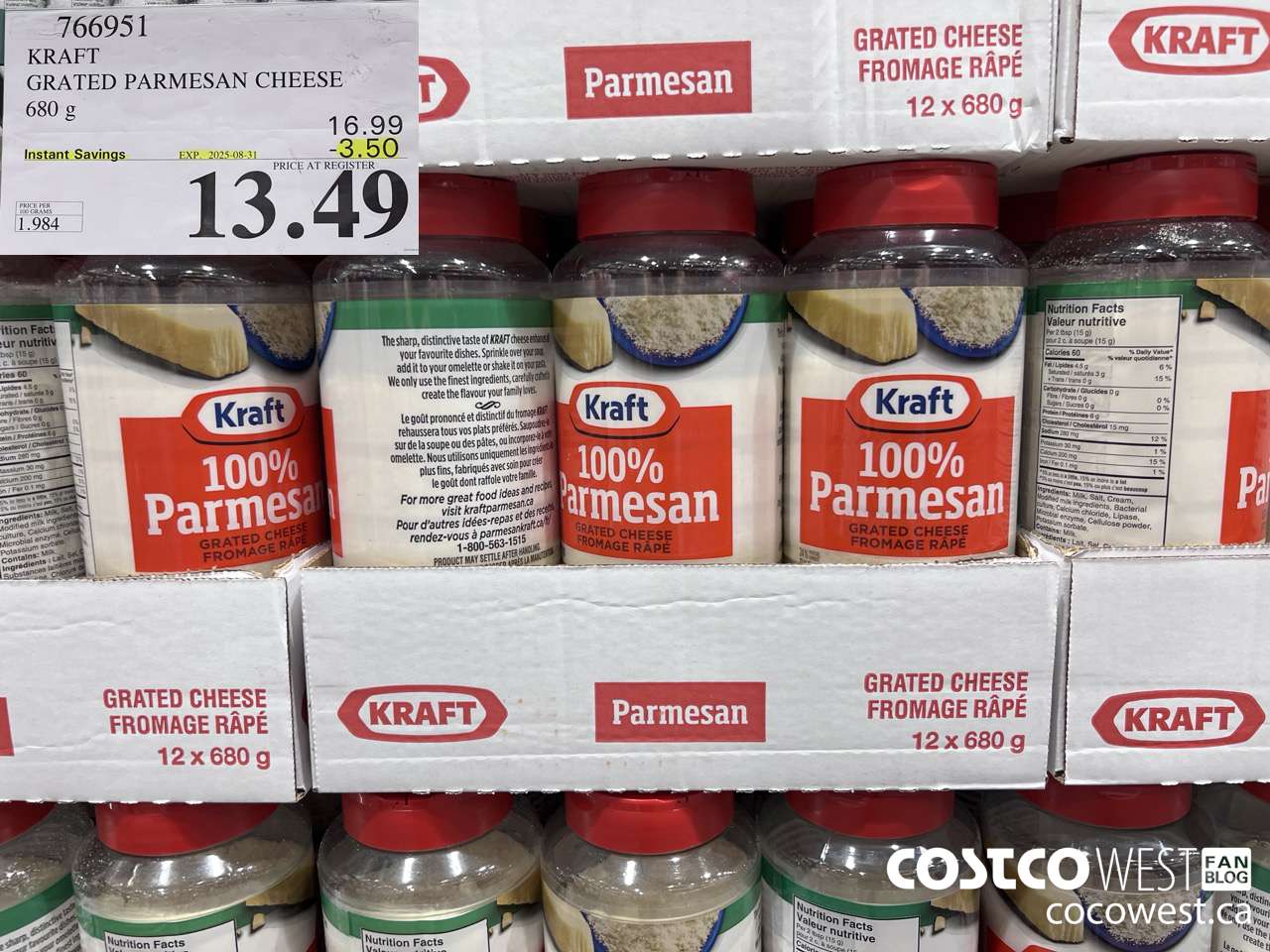 766951 KRAFT GRATED PARMESAN CHEESE 680 g ($3.50 INSTANT SAVINGS EXPIRES ON 2025-08-31) $13.49