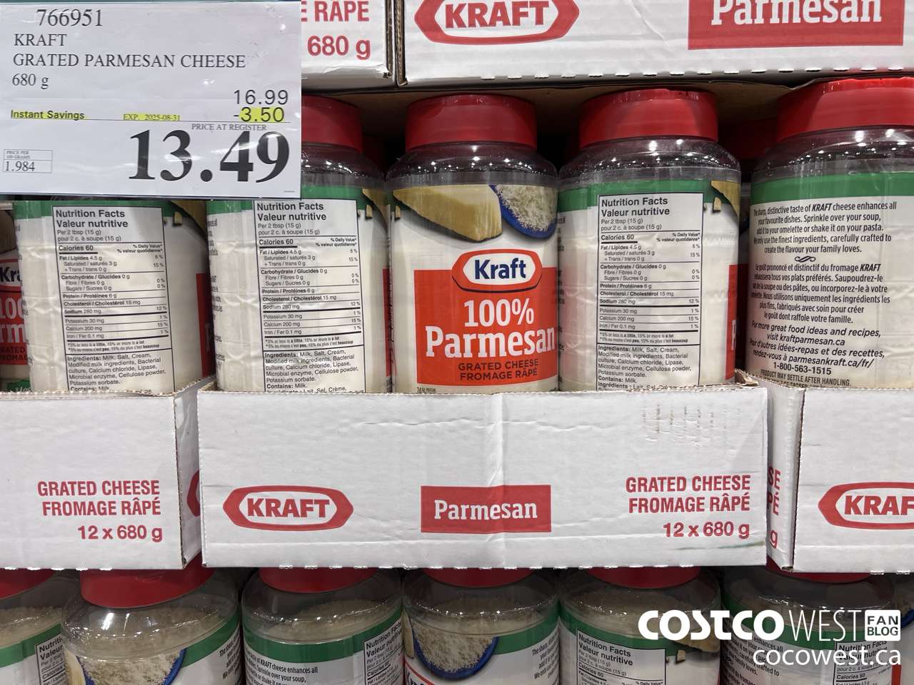 766951 KRAFT GRATED PARMESAN CHEESE 680 g ($3.50 INSTANT SAVINGS EXPIRES ON 2025-08-31) $13.49