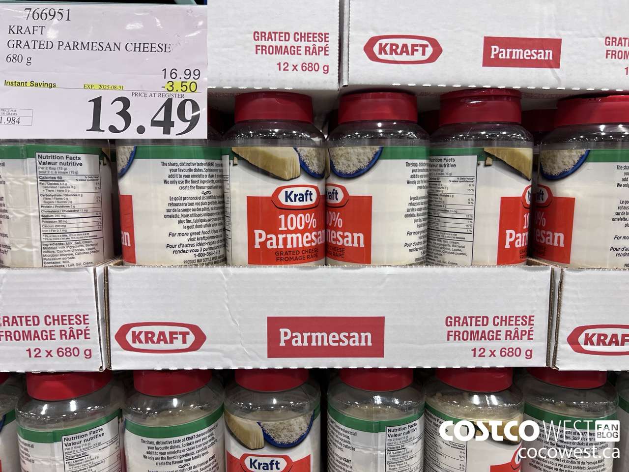 766951 KRAFT GRATED PARMESAN CHEESE 680 g ($3.50 INSTANT SAVINGS EXPIRES ON 2025-08-31) $13.49