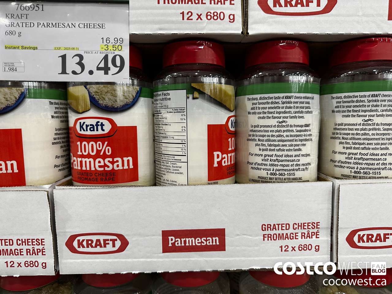 766951 KRAFT GRATED PARMESAN CHEESE 680 g ($3.50 INSTANT SAVINGS EXPIRES ON 2025-08-31) $13.49