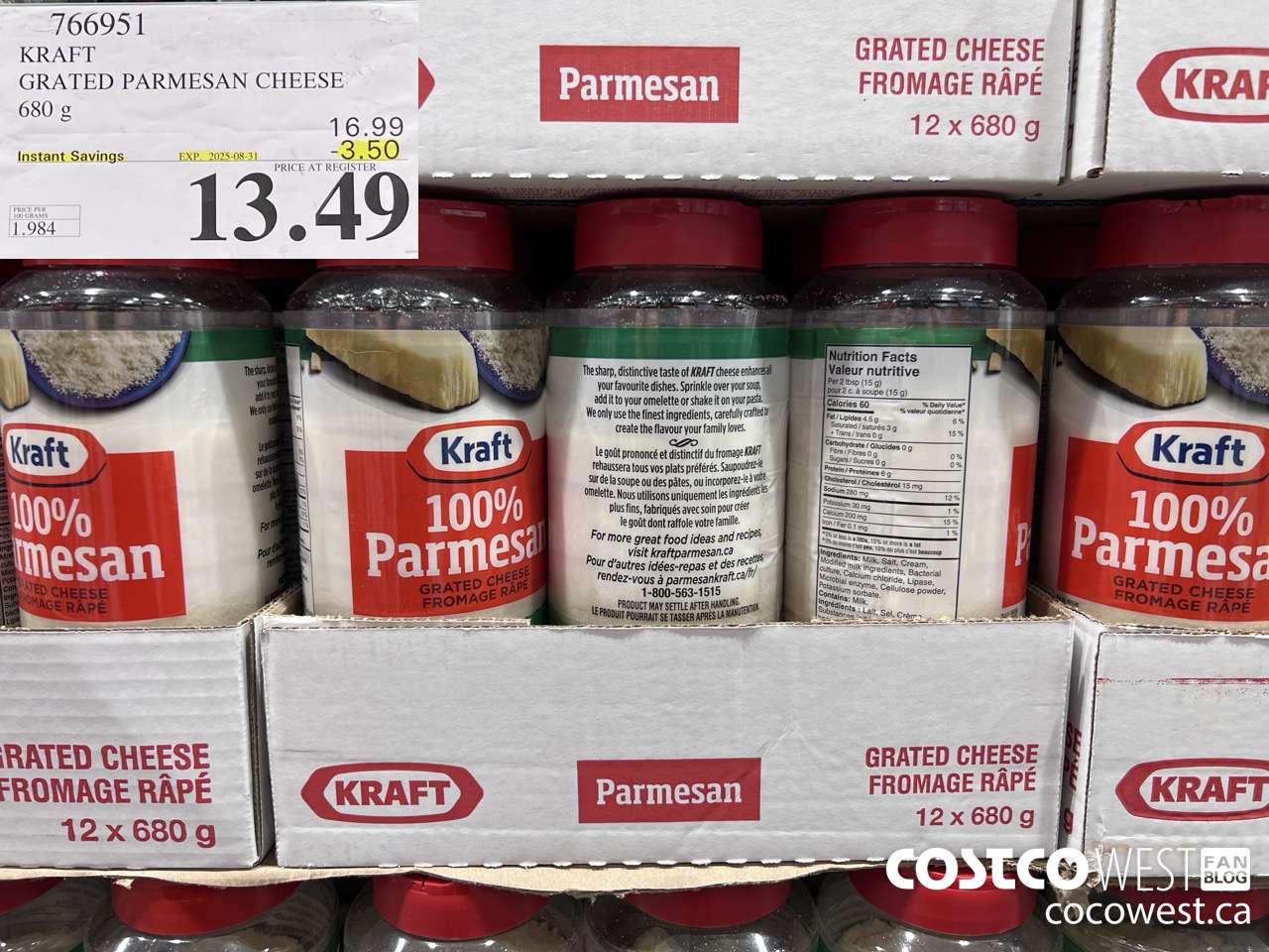 766951 KRAFT GRATED PARMESAN CHEESE 680 g ($3.50 INSTANT SAVINGS EXPIRES ON 2025-08-31) $13.49