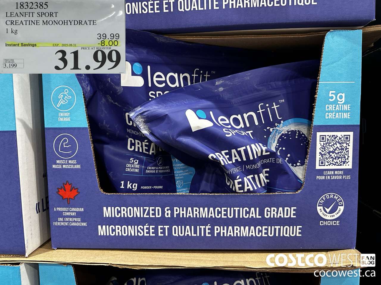 1832385 LEANFIT SPORT CREATINE MONOHYDRATE 1KG ($8.00 INSTANT SAVINGS EXPIRES ON 2025-08-31) $31.99