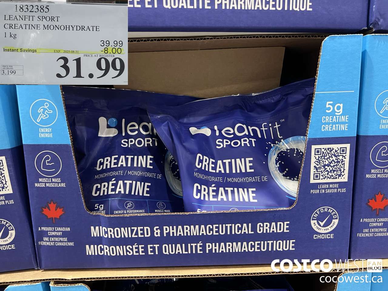 1832385 LEANFIT SPORT CREATINE MONOHYDRATE 1KG ($8.00 INSTANT SAVINGS EXPIRES ON 2025-08-31) $31.99