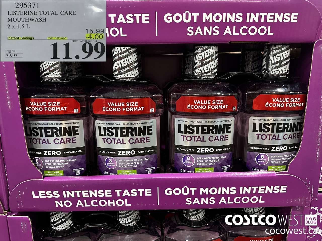 295371 LISTERINE MOUTHWASH TOTAL CARE ZERO 2 X 1.5L ($4.00 INSTANT SAVINGS EXPIRES ON 2025-08-31) $11.99