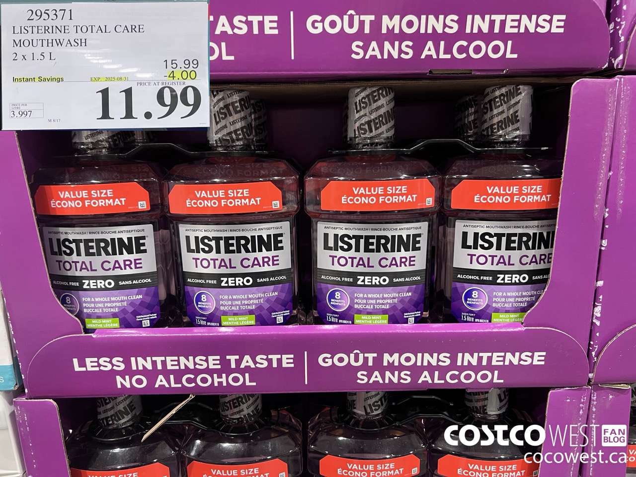 295371 LISTERINE MOUTHWASH TOTAL CARE ZERO 2 X 1.5L ($4.00 INSTANT SAVINGS EXPIRES ON 2025-08-31) $11.99