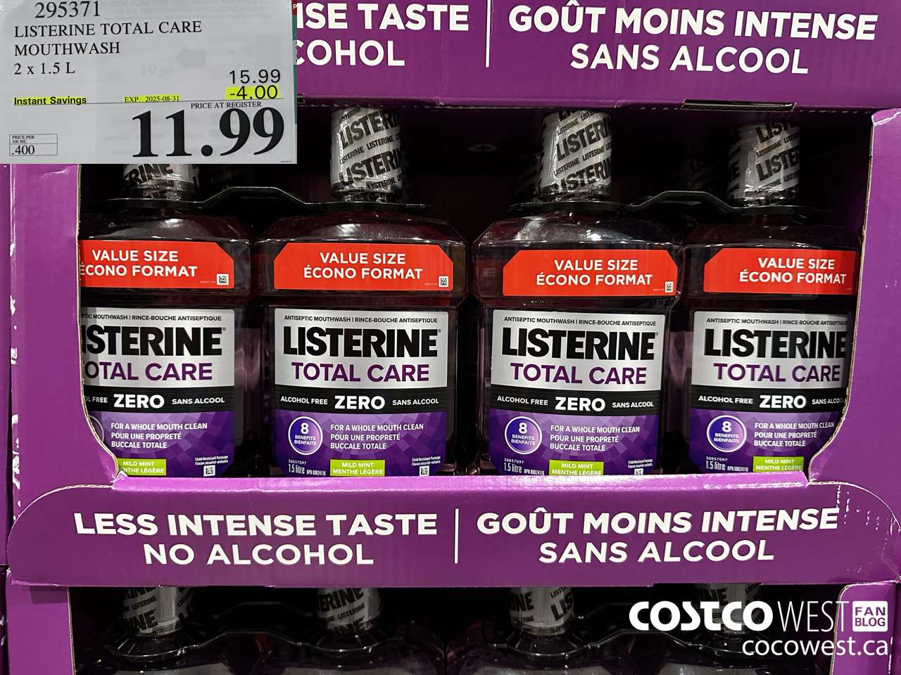295371 LISTERINE MOUTHWASH TOTAL CARE ZERO 2 X 1.5L ($4.00 INSTANT SAVINGS EXPIRES ON 2025-08-31) $11.99