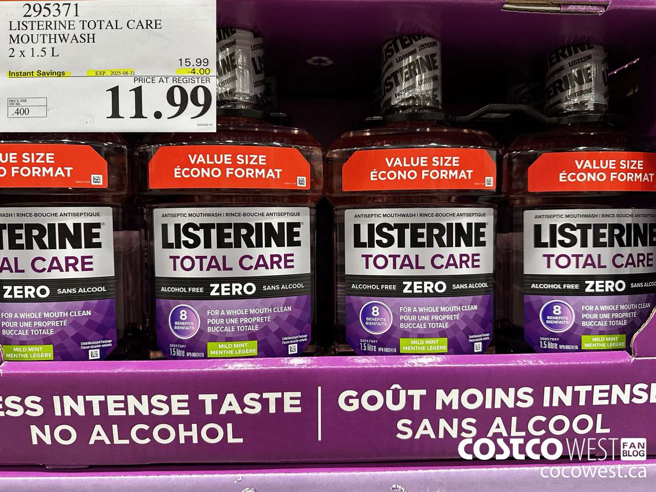 295371 LISTERINE MOUTHWASH TOTAL CARE ZERO 2 X 1.5L ($4.00 INSTANT SAVINGS EXPIRES ON 2025-08-31) $11.99