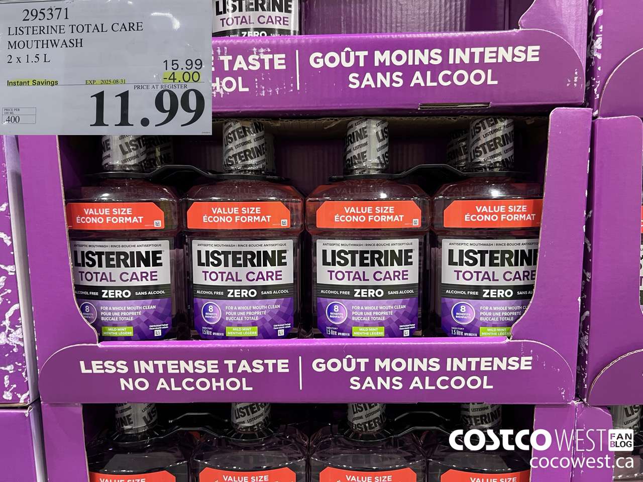 295371 LISTERINE MOUTHWASH TOTAL CARE ZERO 2 X 1.5L ($4.00 INSTANT SAVINGS EXPIRES ON 2025-08-31) $11.99