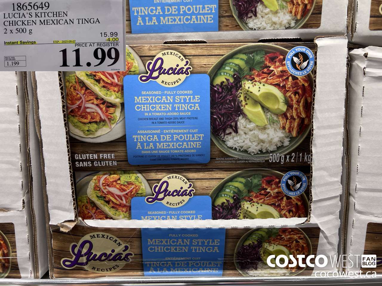 1865649 LUCIA'S MEXICAN RECIPE CHICKEN TINGA 2 X 500G ($4.00 INSTANT SAVINGS EXPIRES ON 2025-09-07) $11.99