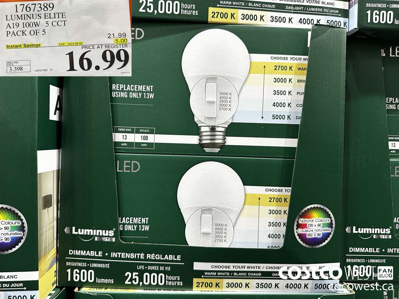 1767389 LUMINUS ELITE A19 100W 5 CCT PACK OF 5 ($5.00 INSTANT SAVINGS EXPIRES ON 2025-08-03) $16.99