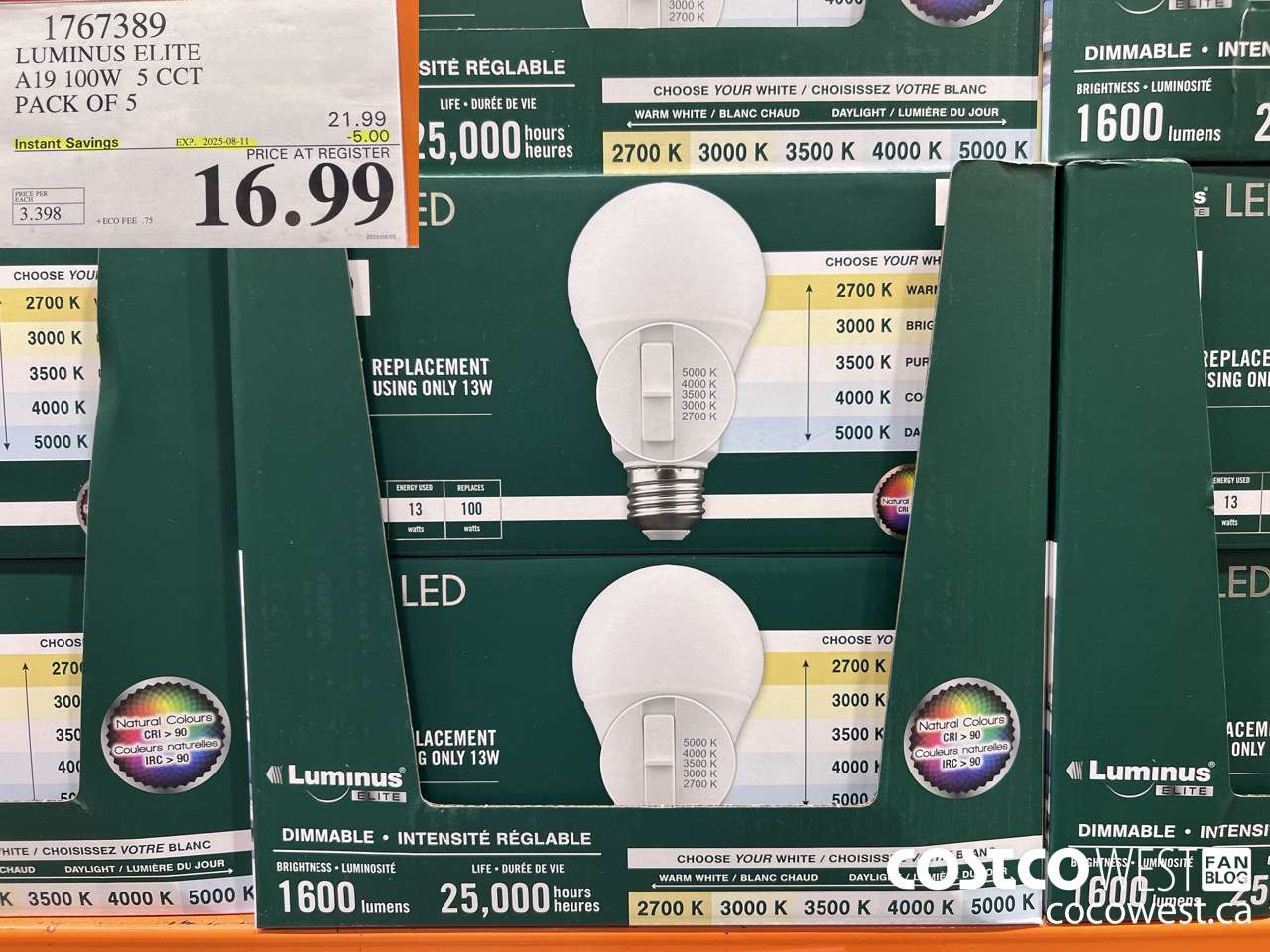 1767389 LUMINUS ELITE A19 100W 5 CCT PACK OF 5 ($5.00 INSTANT SAVINGS EXPIRES ON 2025-08-11) $16.99