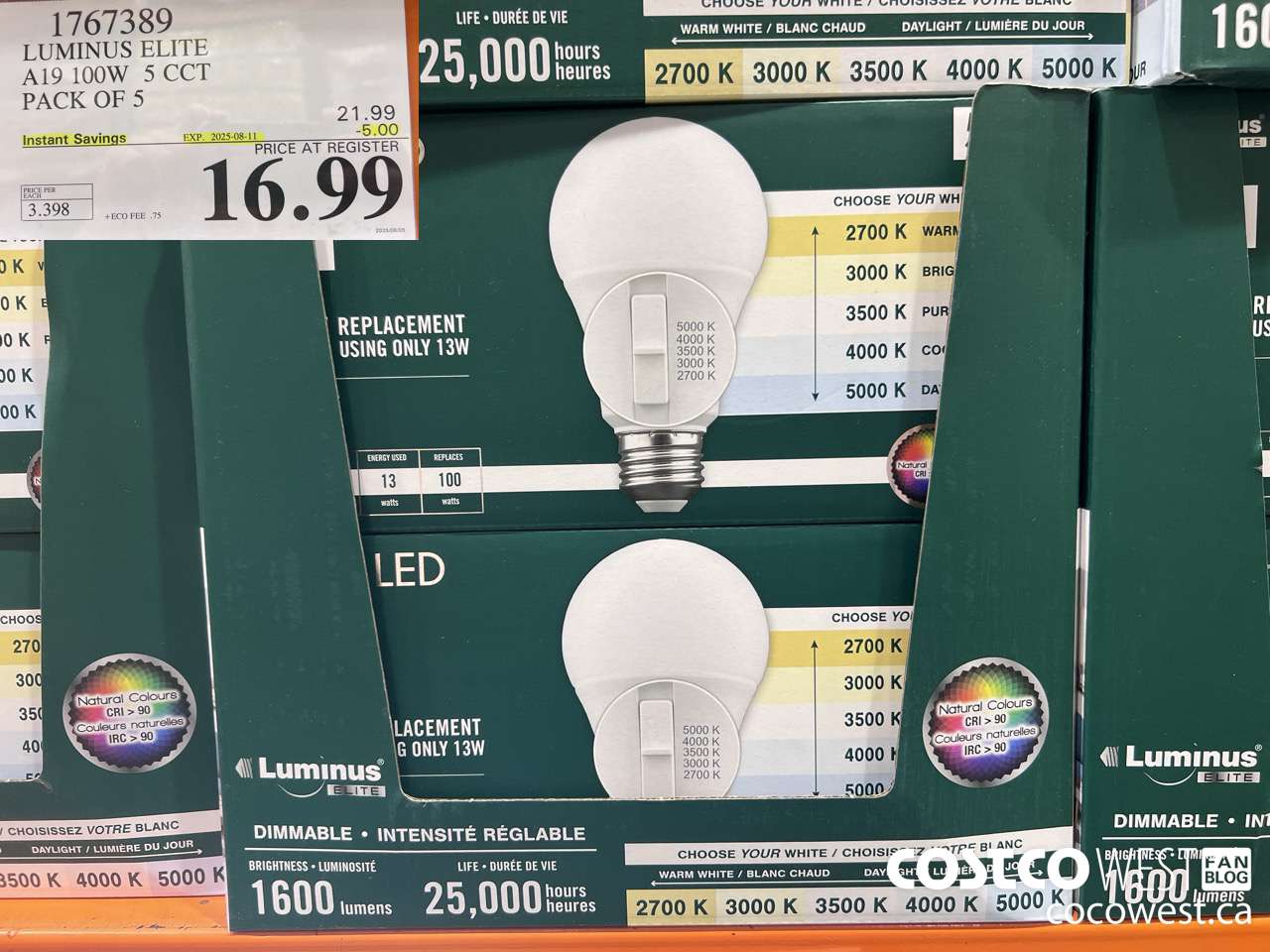 1767389 LUMINUS ELITE A19 100W 5 CCT PACK OF 5 ($5.00 INSTANT SAVINGS EXPIRES ON 2025-08-11) $16.99