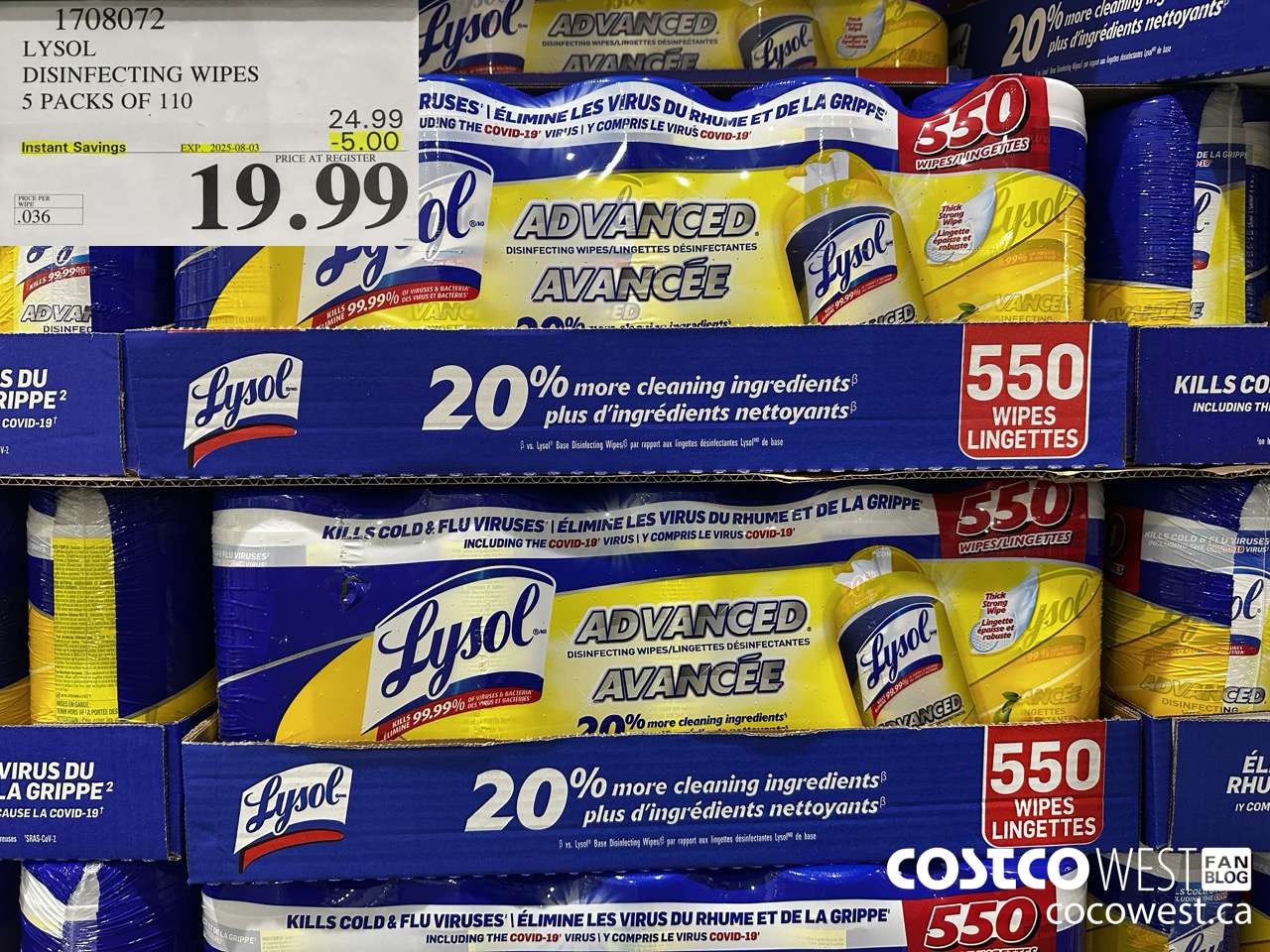 1708072 LYSOL DISINFECTING WIPES 5 X 110 WIPES ($5.00 INSTANT SAVINGS EXPIRES ON 2025-08-03) $19.99