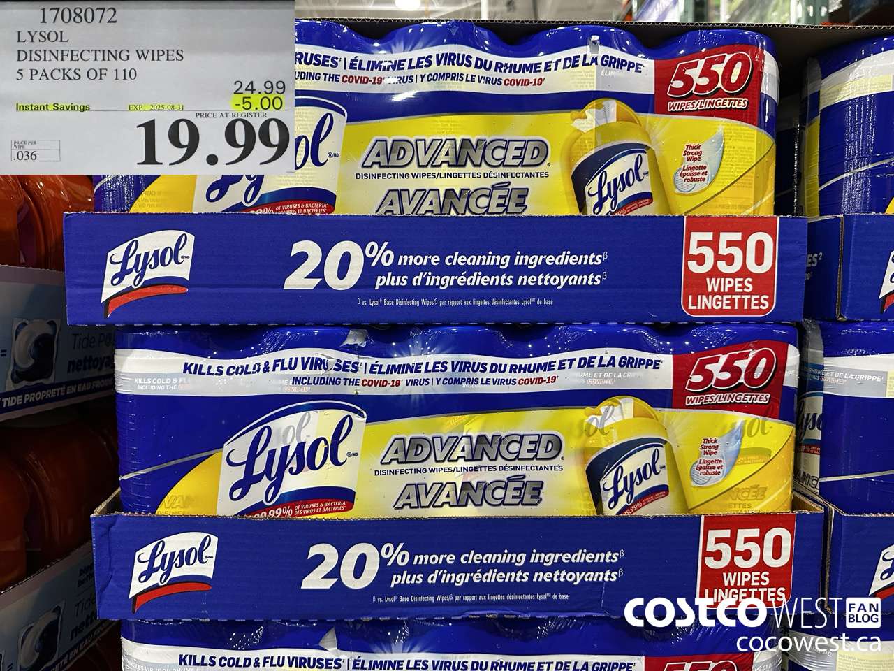 1708072 LYSOL DISINFECTING WIPES 5 X 110 WIPES ($5.00 INSTANT SAVINGS EXPIRES ON 2025-08-31) $19.99