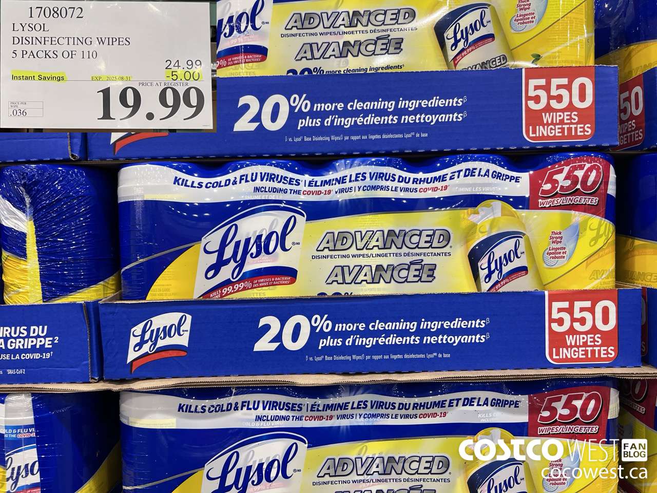 1708072 LYSOL DISINFECTING WIPES 5 X 110 WIPES ($5.00 INSTANT SAVINGS EXPIRES ON 2025-08-31) $19.99