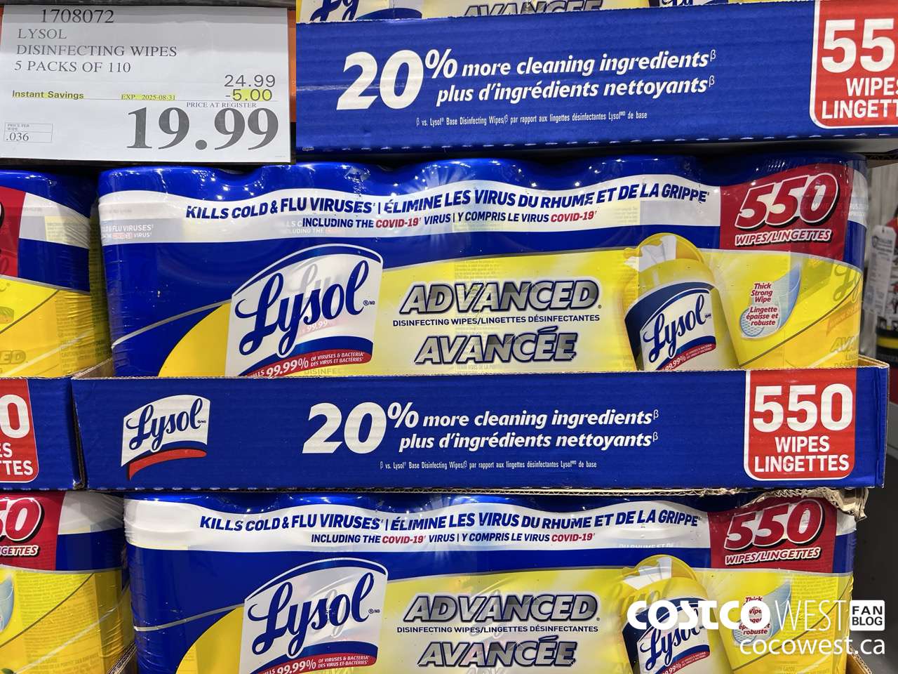 1708072 LYSOL DISINFECTING WIPES 5 X 110 WIPES ($5.00 INSTANT SAVINGS EXPIRES ON 2025-08-31) $19.99