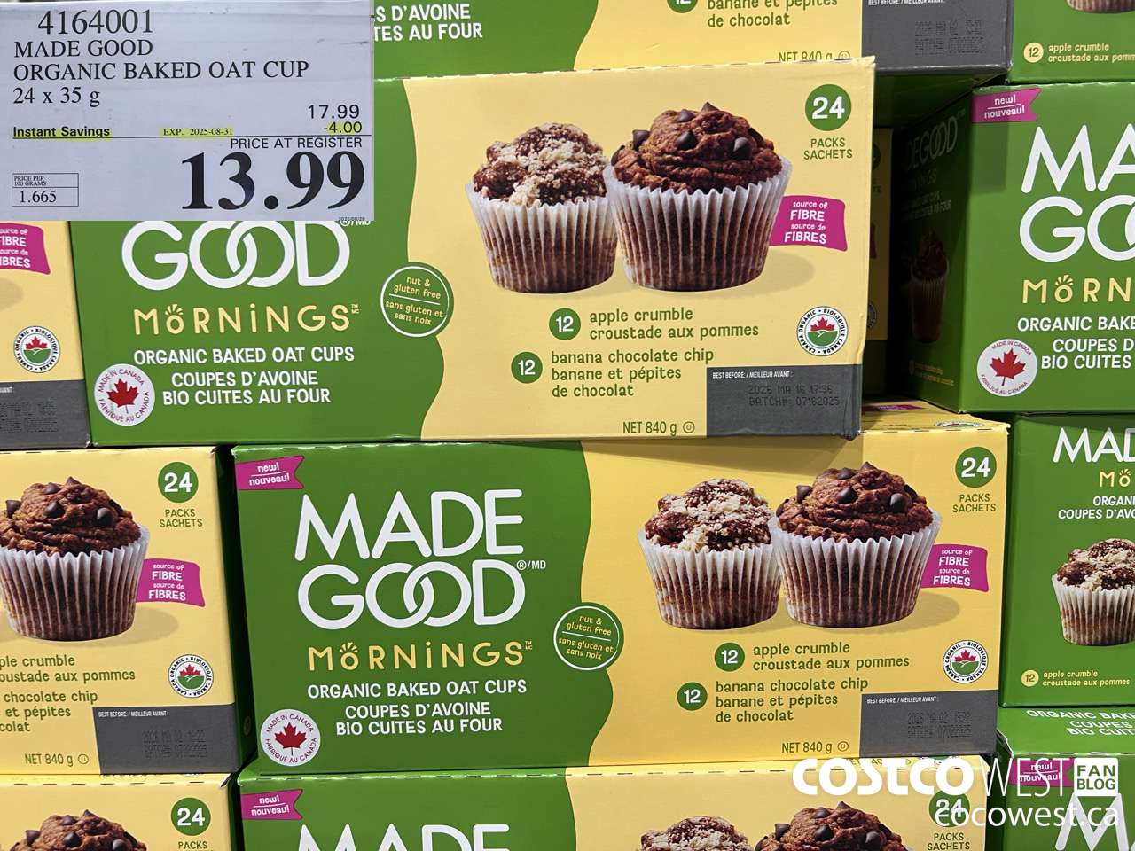 4164001 MADE GOOD OAT CUPS 2 FLAVOURS 24 X 35G ($4.00 INSTANT SAVINGS EXPIRES ON 2025-08-31) $13.99