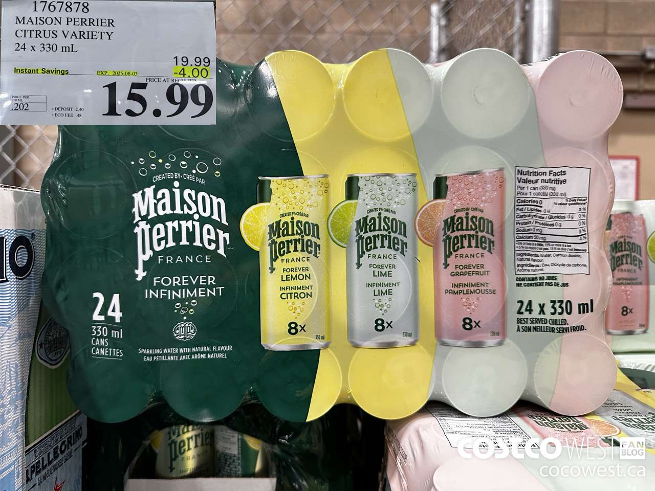 1767878 MAISON PERRIER CITRUS VARIETY 24 X 330ML ($4.00 INSTANT SAVINGS EXPIRES ON 2025-08-03) $15.99