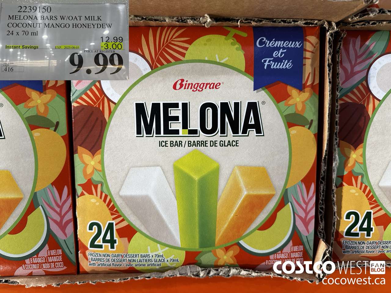 2239150 MELONA BARS W/OAT MILK COCONUT MANGO HONEYDEW 24 X 70ML ($3.00 INSTANT SAVINGS EXPIRES ON 2025-08-03) $9.99