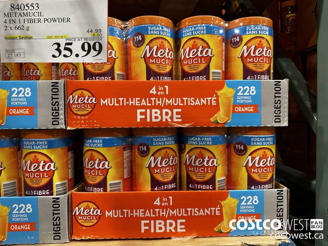 840553 METAMUCIL 4 IN 1 FIBER POWDER 2 X 662G ($9.00 INSTANT SAVINGS EXPIRES ON 2025-08-31) $35.99