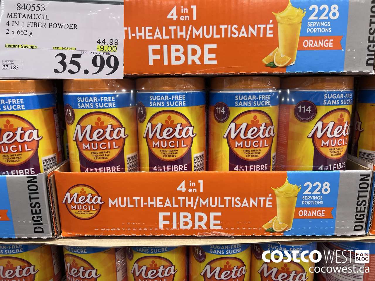 840553 METAMUCIL 4 IN 1 FIBER POWDER 2 X 662G ($9.00 INSTANT SAVINGS EXPIRES ON 2025-08-31) $35.99