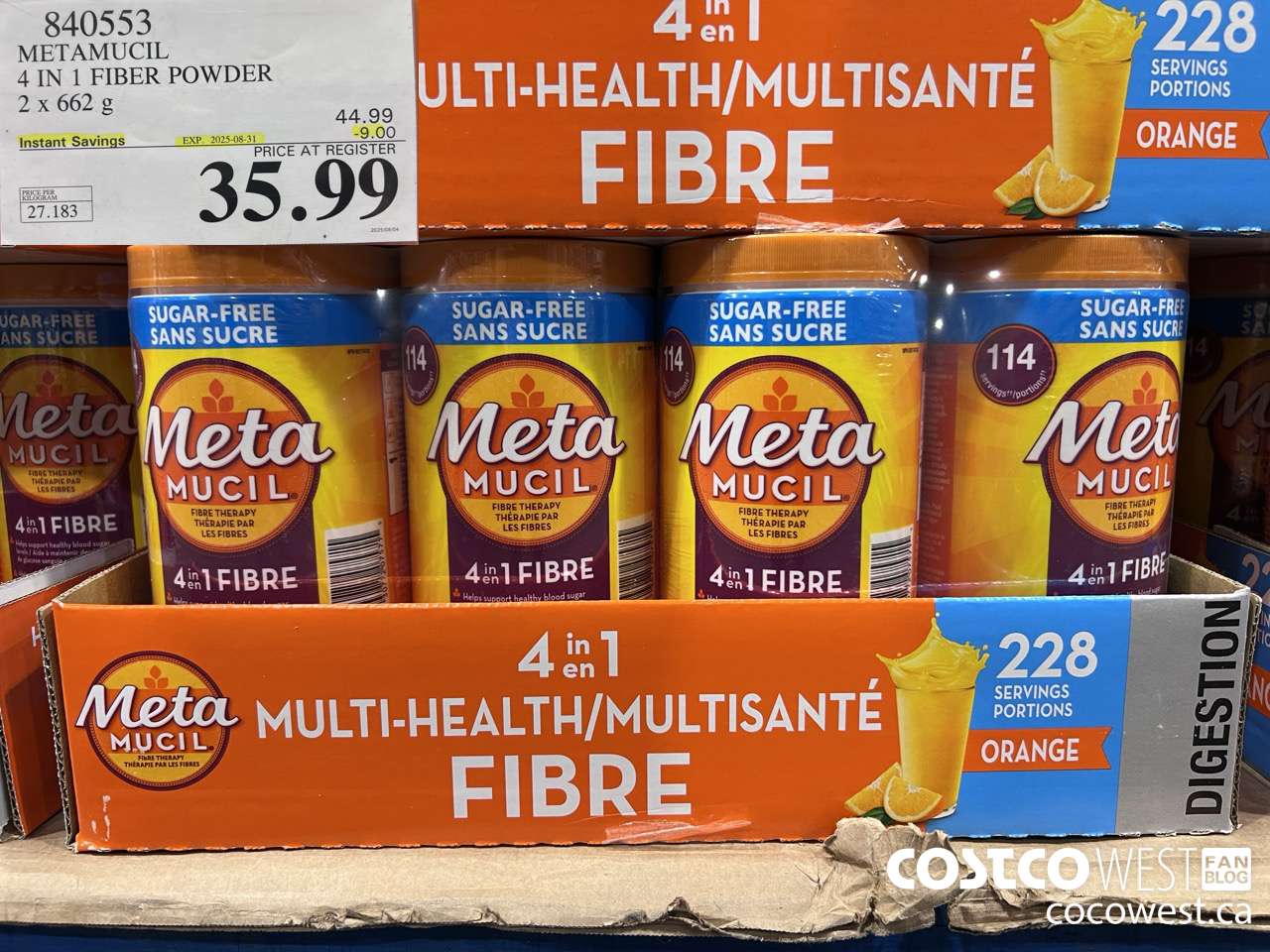 840553 METAMUCIL 4 IN 1 FIBER POWDER 2 X 662G ($9.00 INSTANT SAVINGS EXPIRES ON 2025-08-31) $35.99