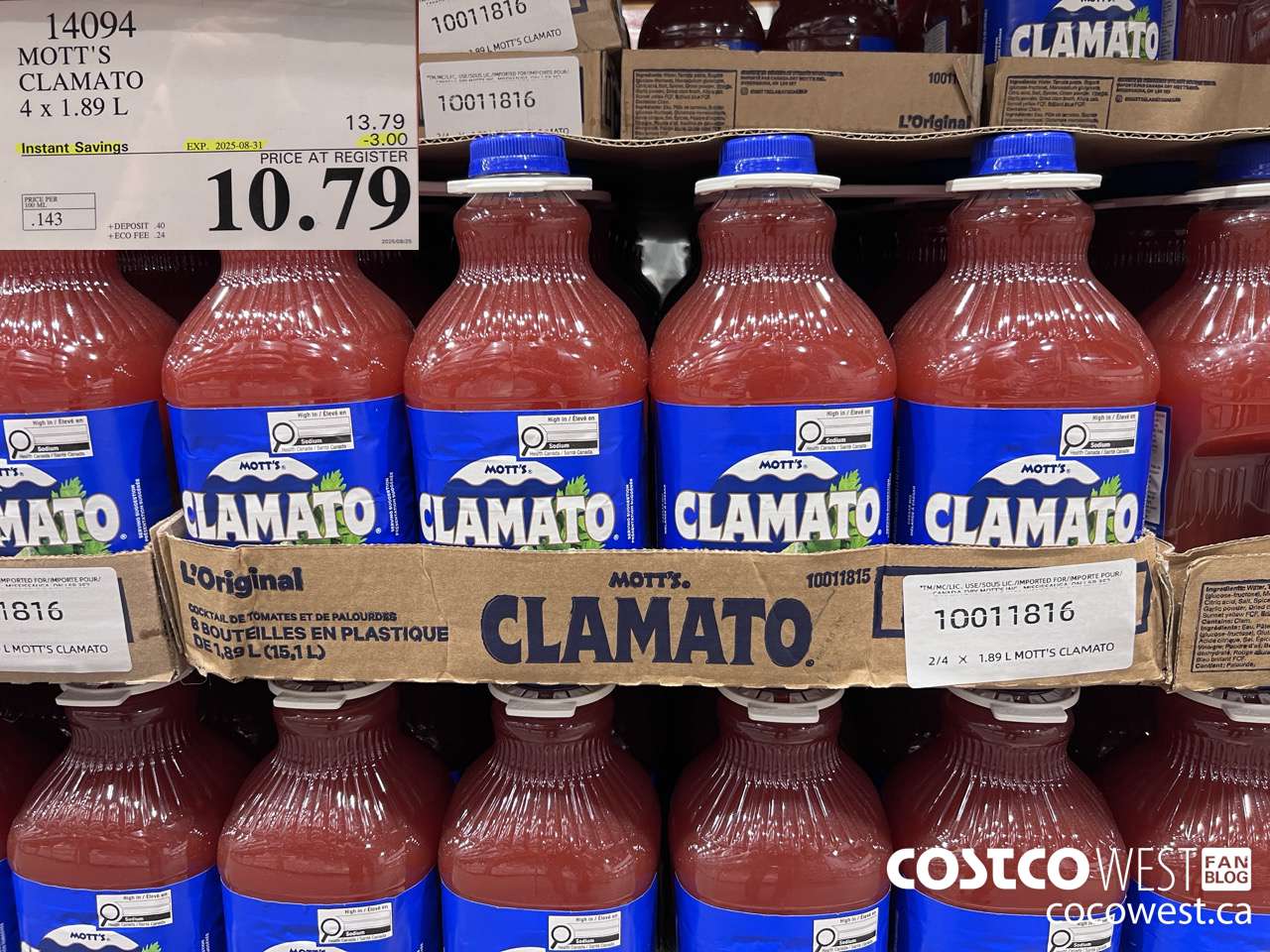 14094 MOTTS CLAMATO JUICE 4 X 1.89 L ($3.00 INSTANT SAVINGS EXPIRES ON 2025-08-31) $10.79