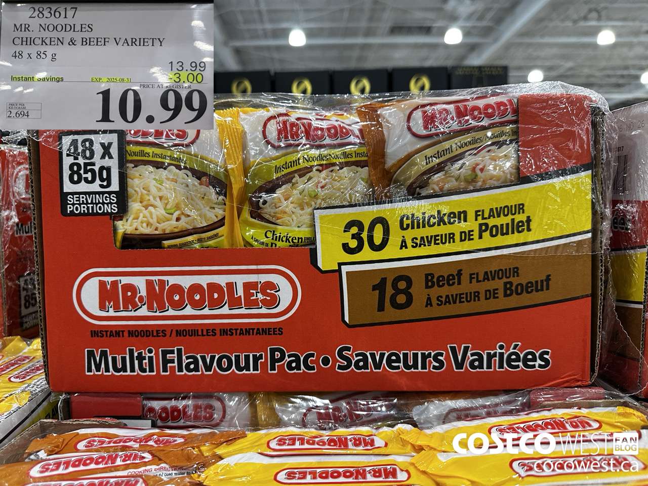 283617 MR. NOODLES CHICKEN & BEEF VARIETY 48 X 85G ($3.00 INSTANT SAVINGS EXPIRES ON 2025-08-31) $10.99