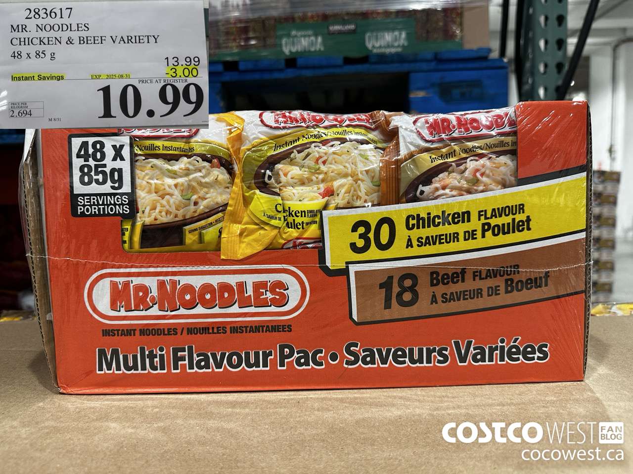 283617 MR. NOODLES CHICKEN & BEEF VARIETY 48 X 85G ($3.00 INSTANT SAVINGS EXPIRES ON 2025-08-31) $10.99