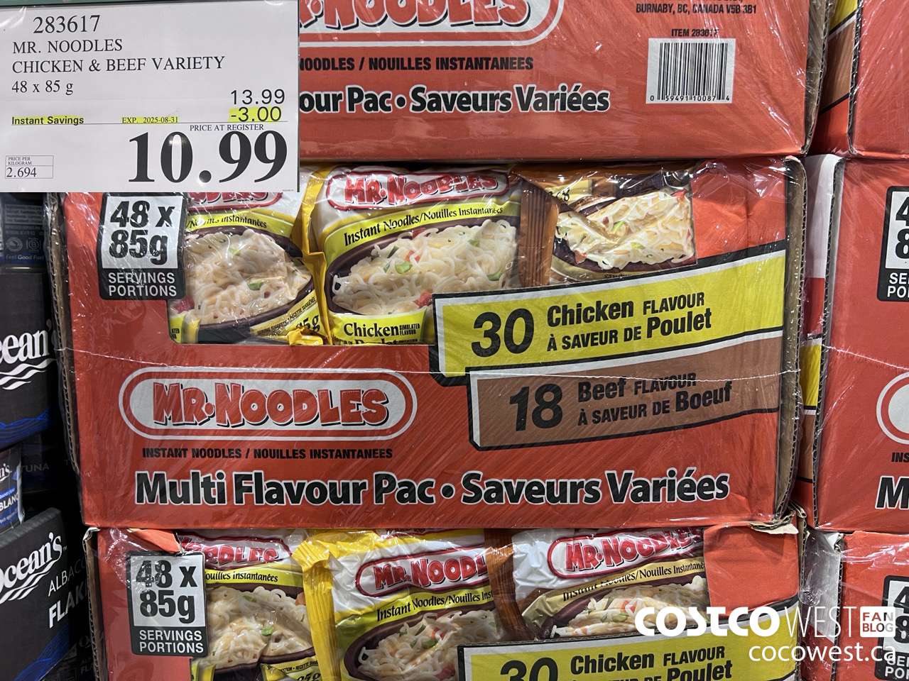 283617 MR. NOODLES CHICKEN & BEEF VARIETY 48 X 85G ($3.00 INSTANT SAVINGS EXPIRES ON 2025-08-31) $10.99