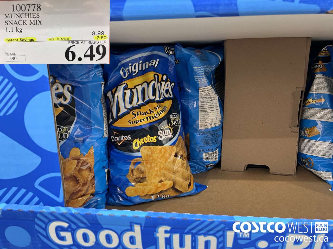 100778 MUNCHIES SNACK MIX 1.1 kg ($2.50 INSTANT SAVINGS EXPIRES ON 2025-08-31) $6.49