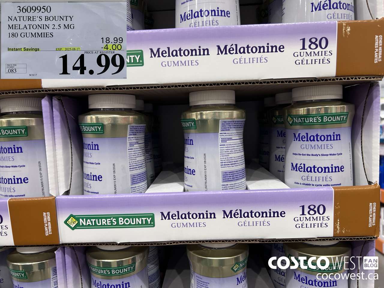 3609950 NATURE'S BOUNTY MELATONIN GUMMIES 180 GUMMIES ($4.00 INSTANT SAVINGS EXPIRES ON 2025-08-17) $14.99