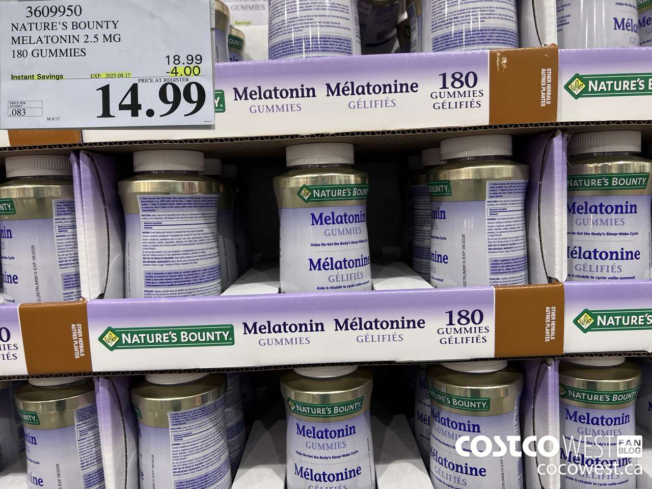 3609950 NATURE'S BOUNTY MELATONIN GUMMIES 180 GUMMIES ($4.00 INSTANT SAVINGS EXPIRES ON 2025-08-17) $14.99