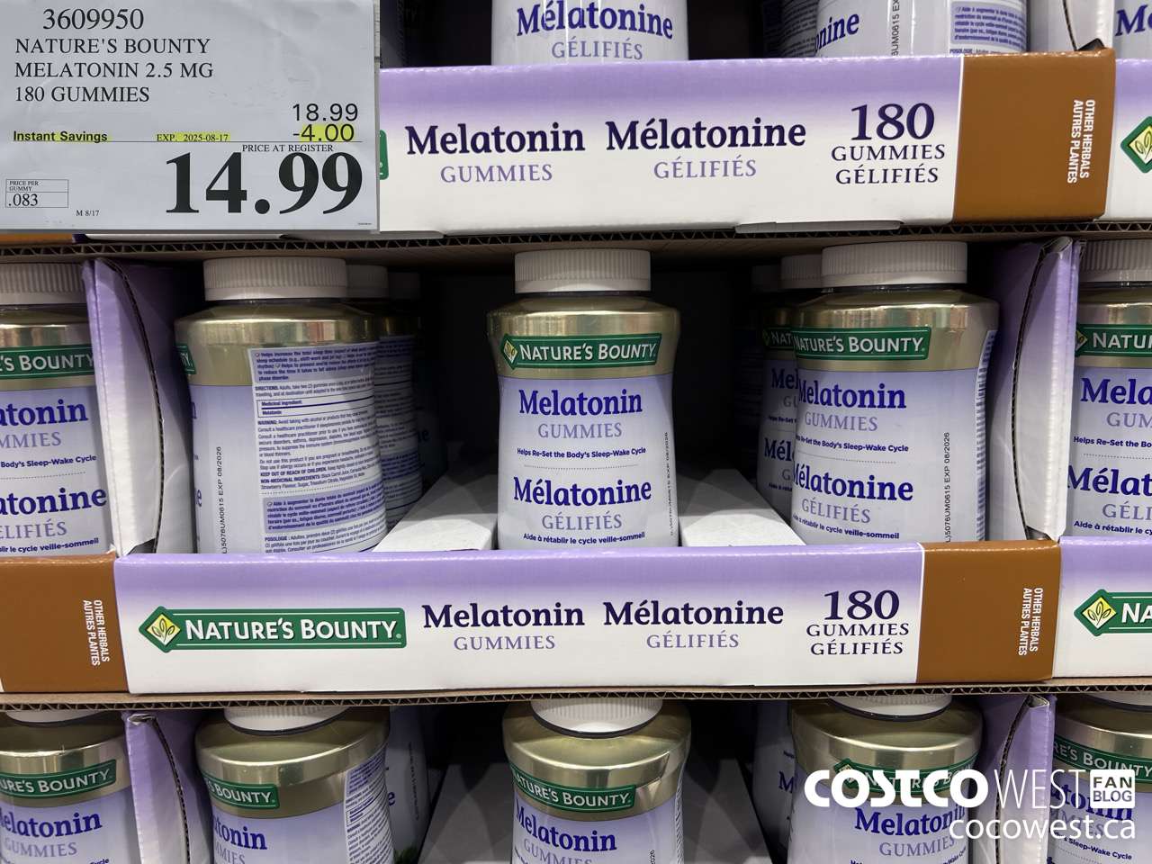 3609950 NATURE'S BOUNTY MELATONIN GUMMIES 180 GUMMIES ($4.00 INSTANT SAVINGS EXPIRES ON 2025-08-17) $14.99