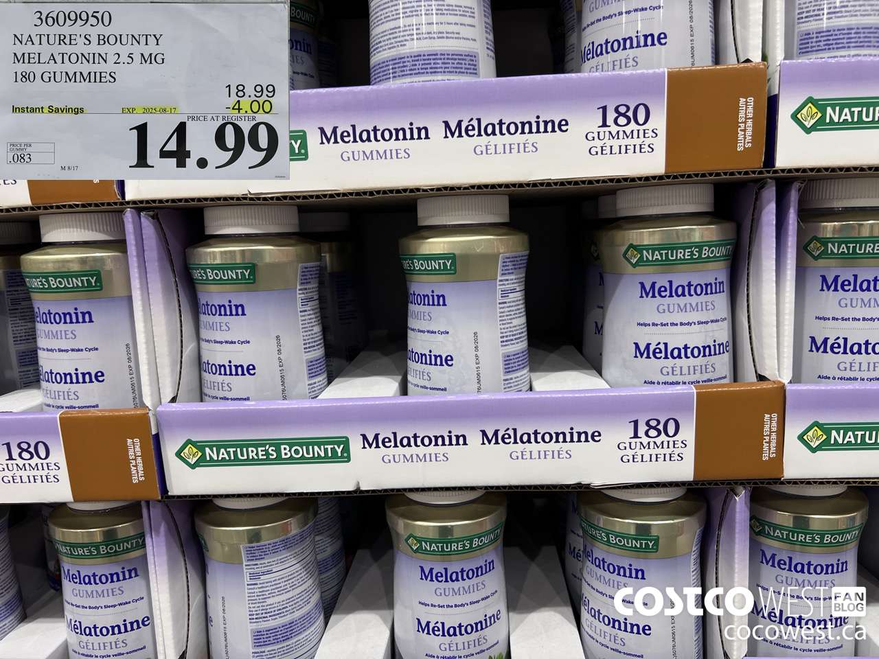 3609950 NATURE'S BOUNTY MELATONIN GUMMIES 180 GUMMIES ($4.00 INSTANT SAVINGS EXPIRES ON 2025-08-17) $14.99