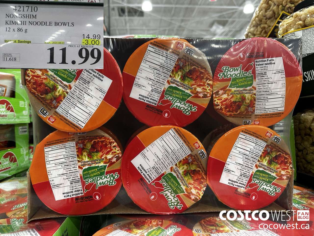 421710 NONG SHIM KIMCHI NOODLE BOWLS 12 x 86g ($3.00 INSTANT SAVINGS EXPIRES ON 2025-08-03) $11.99