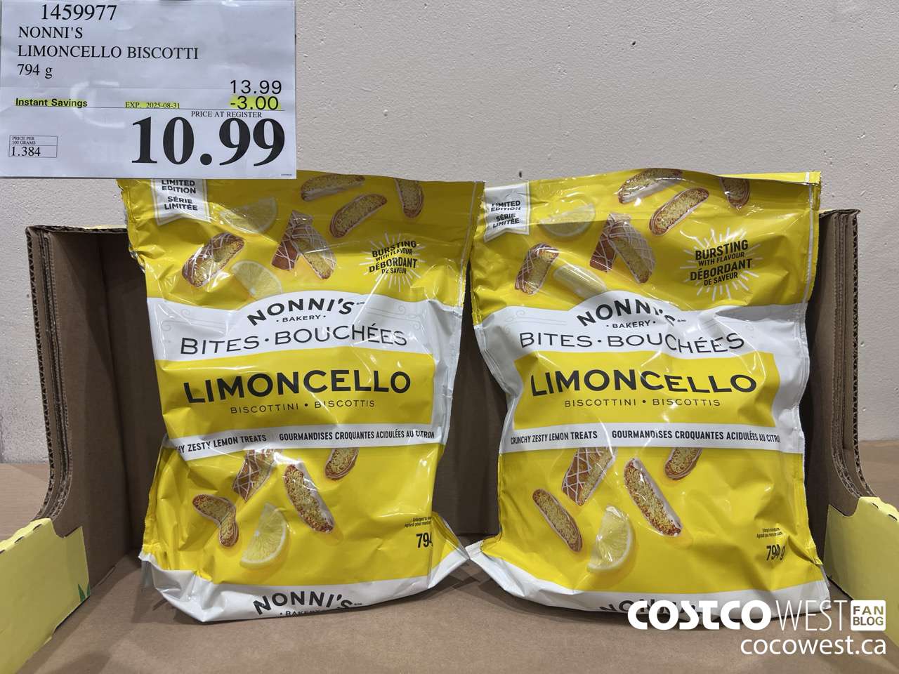 1459977 NONNI'S LIMONCELLO BISCOTTI BITES 794 g ($3.00 INSTANT SAVINGS EXPIRES ON 2025-08-31) $10.99