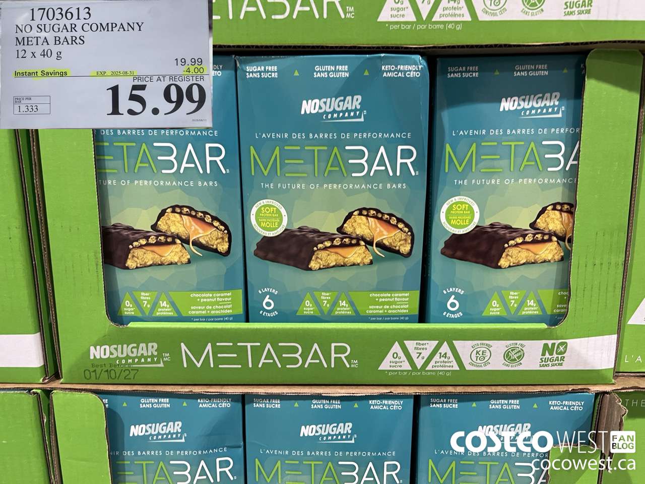 1703613 NO SUGAR COMPANY META BARS 12 x 40g ($4.00 INSTANT SAVINGS EXPIRES ON 2025-08-31) $15.99