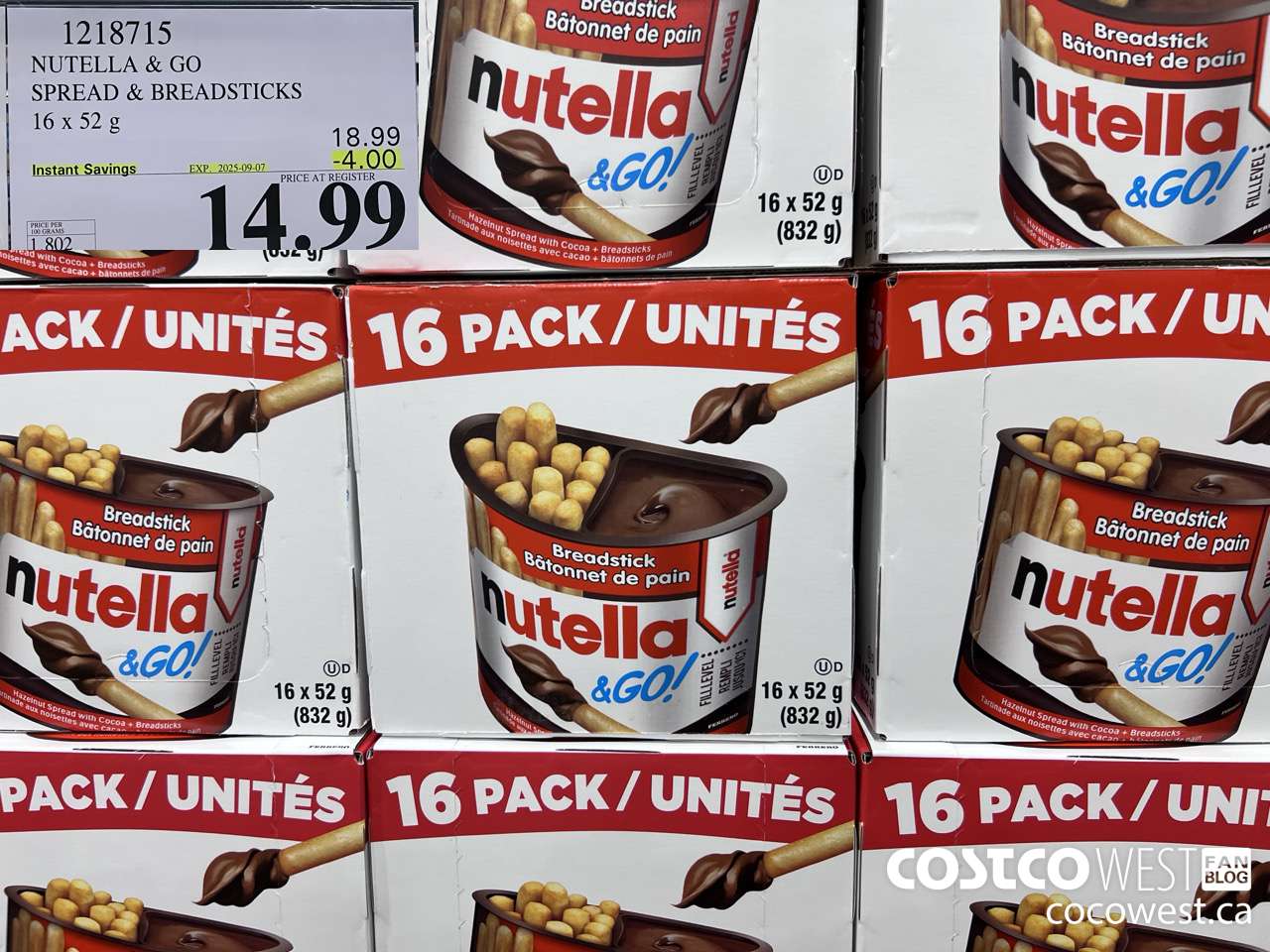 1218715 NUTELLA AND GO SPREAD & BREADSTICKS 16 X 52 G ($4.00 INSTANT SAVINGS EXPIRES ON 2025-09-07) $14.99