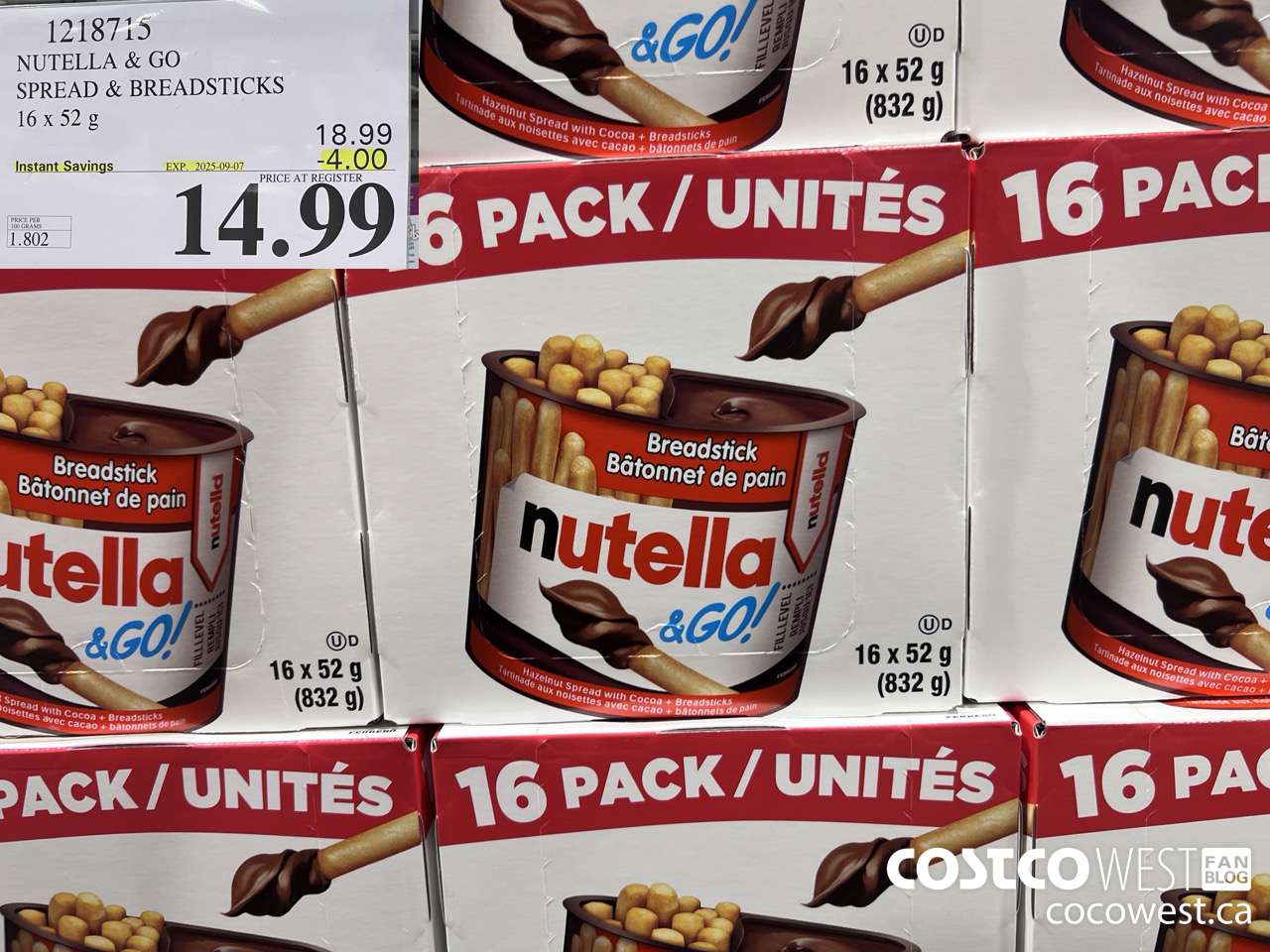 1218715 NUTELLA AND GO SPREAD & BREADSTICKS 16 X 52 G ($4.00 INSTANT SAVINGS EXPIRES ON 2025-09-07) $14.99