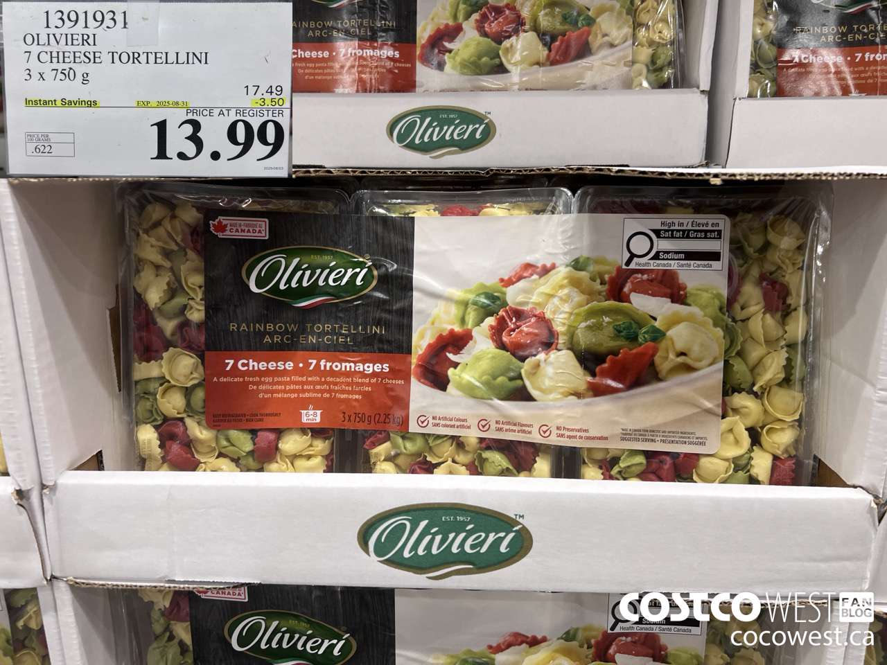 1391931 OLIVIERI 7 CHEESE TORTELLINI 3 x 750 g ($3.50 INSTANT SAVINGS EXPIRES ON 2025-08-31) $13.99