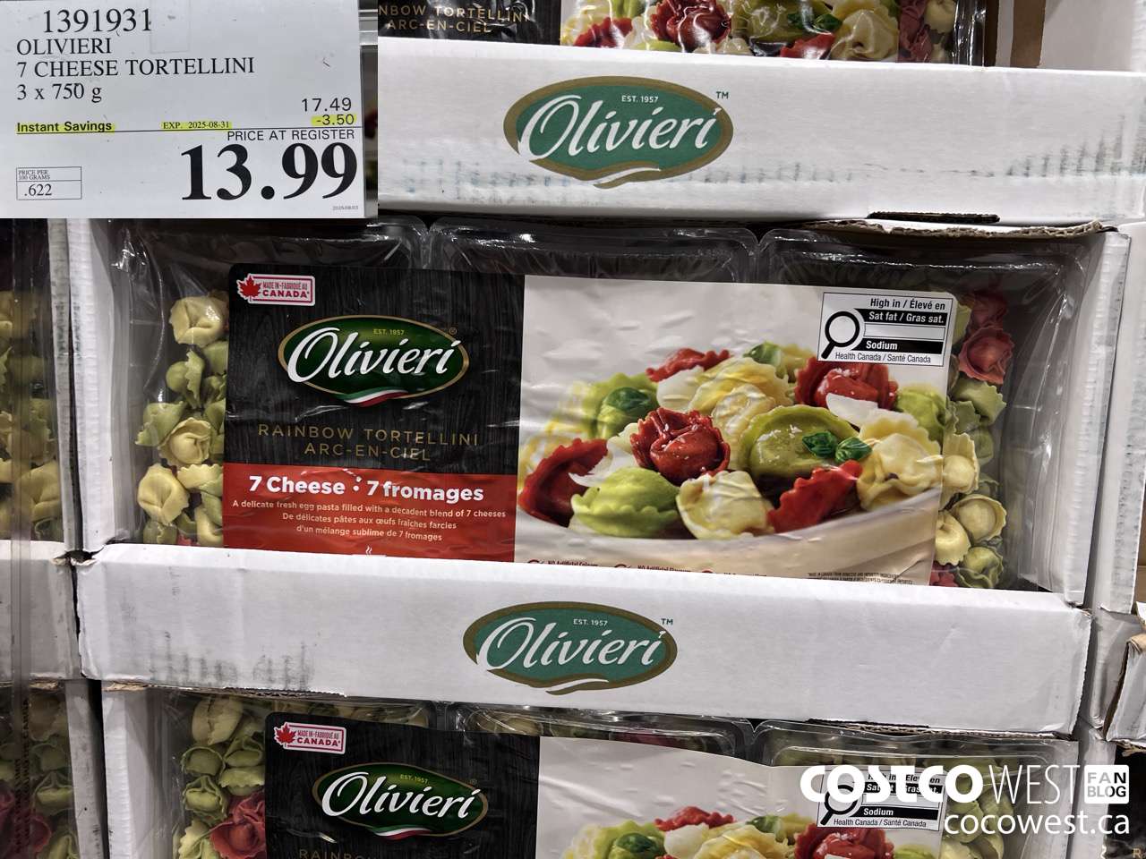 1391931 OLIVIERI 7 CHEESE TORTELLINI 3 x 750 g ($3.50 INSTANT SAVINGS EXPIRES ON 2025-08-31) $13.99