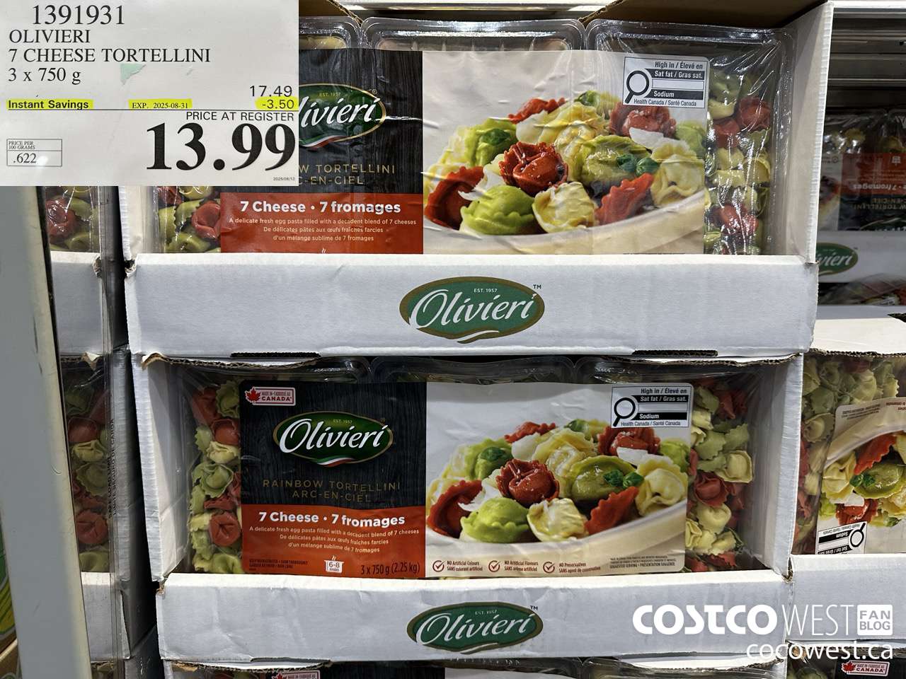 1391931 OLIVIERI 7 CHEESE TORTELLINI 3 x 750 g ($3.50 INSTANT SAVINGS EXPIRES ON 2025-08-31) $13.99