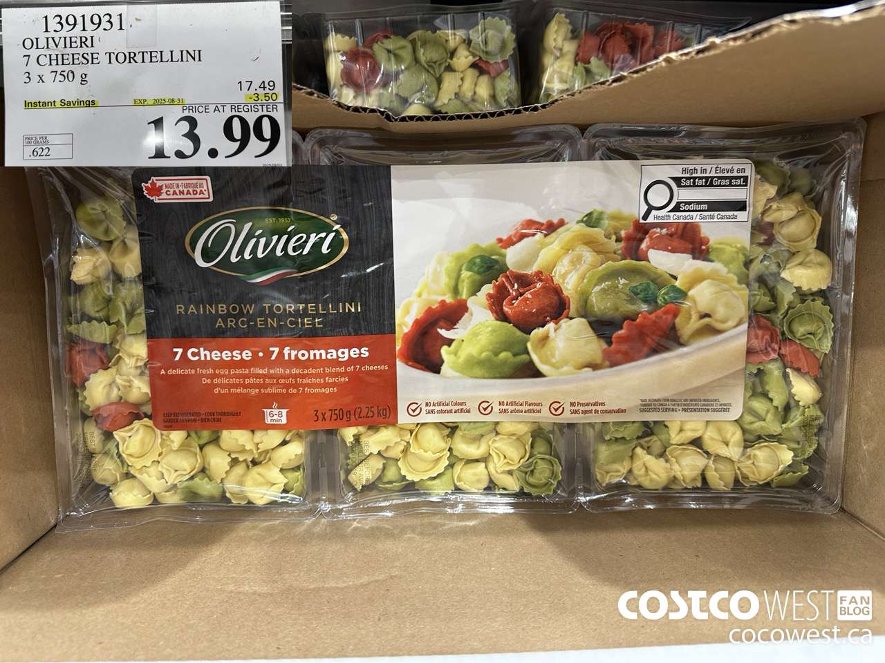 1391931 OLIVIERI 7 CHEESE TORTELLINI 3 x 750 g ($3.50 INSTANT SAVINGS EXPIRES ON 2025-08-31) $13.99