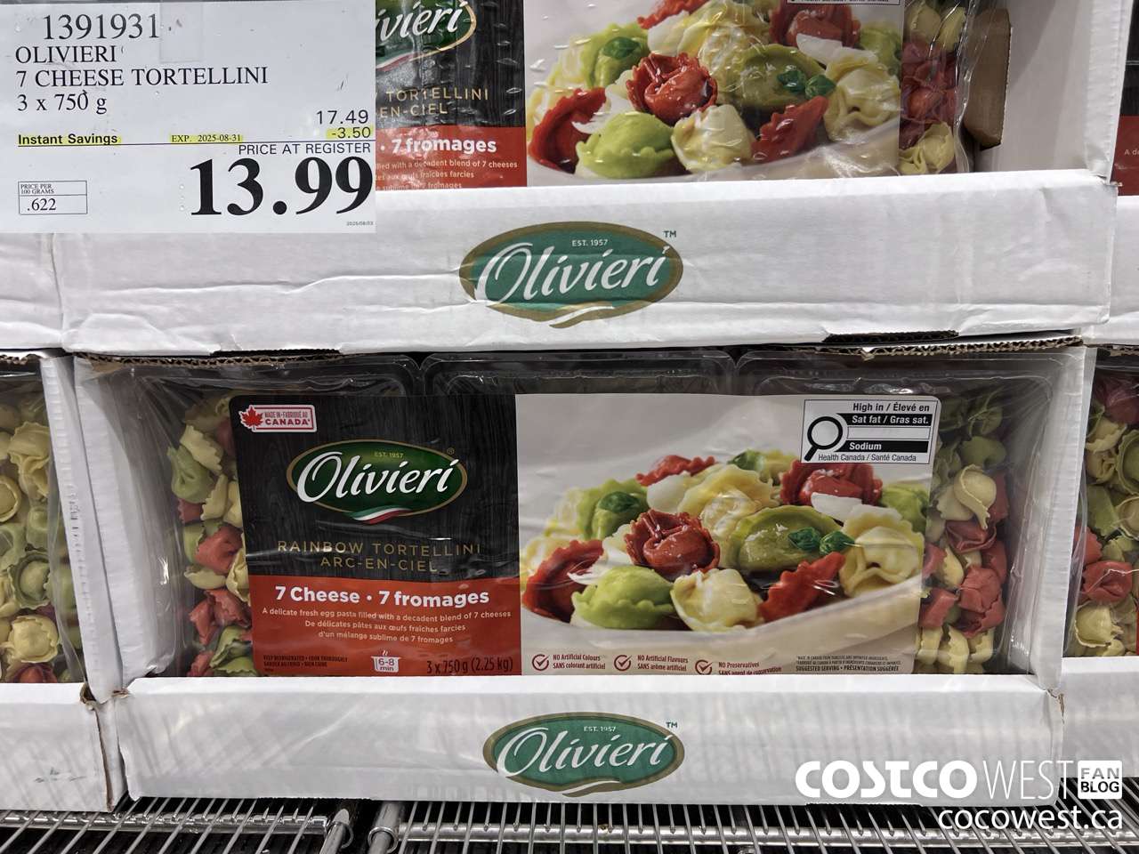 1391931 OLIVIERI 7 CHEESE TORTELLINI 3 x 750 g ($3.50 INSTANT SAVINGS EXPIRES ON 2025-08-31) $13.99