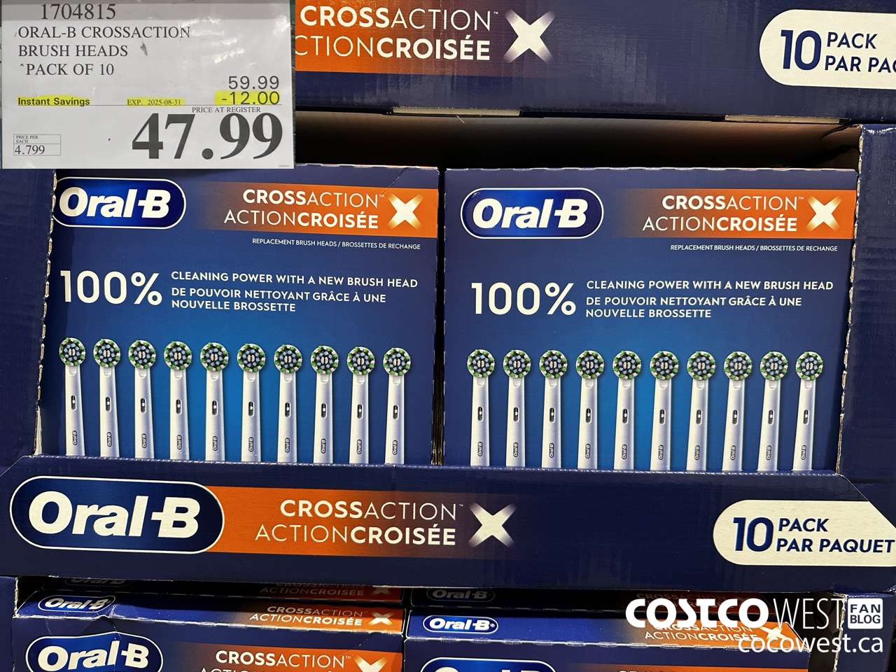 1704815 ORAL-B CROSSACTION BRUSH HEADS PACK OF 10 ($12.00 INSTANT SAVINGS EXPIRES ON 2025-08-31) $47.99